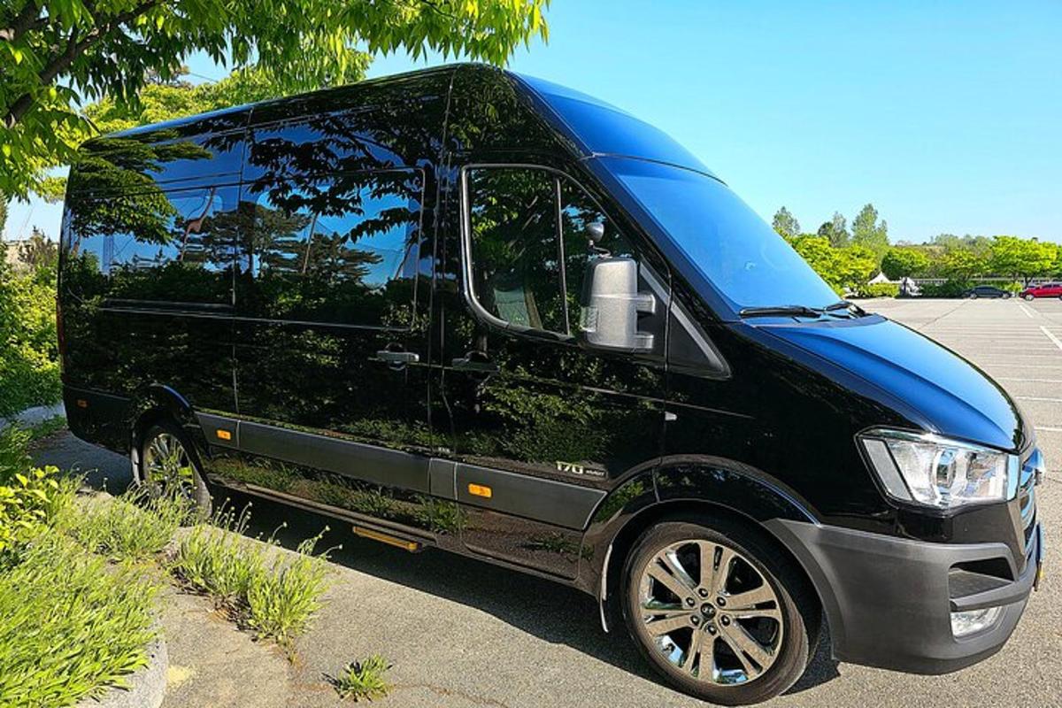sebuah mobil van hitam diparkir di tempat parkir