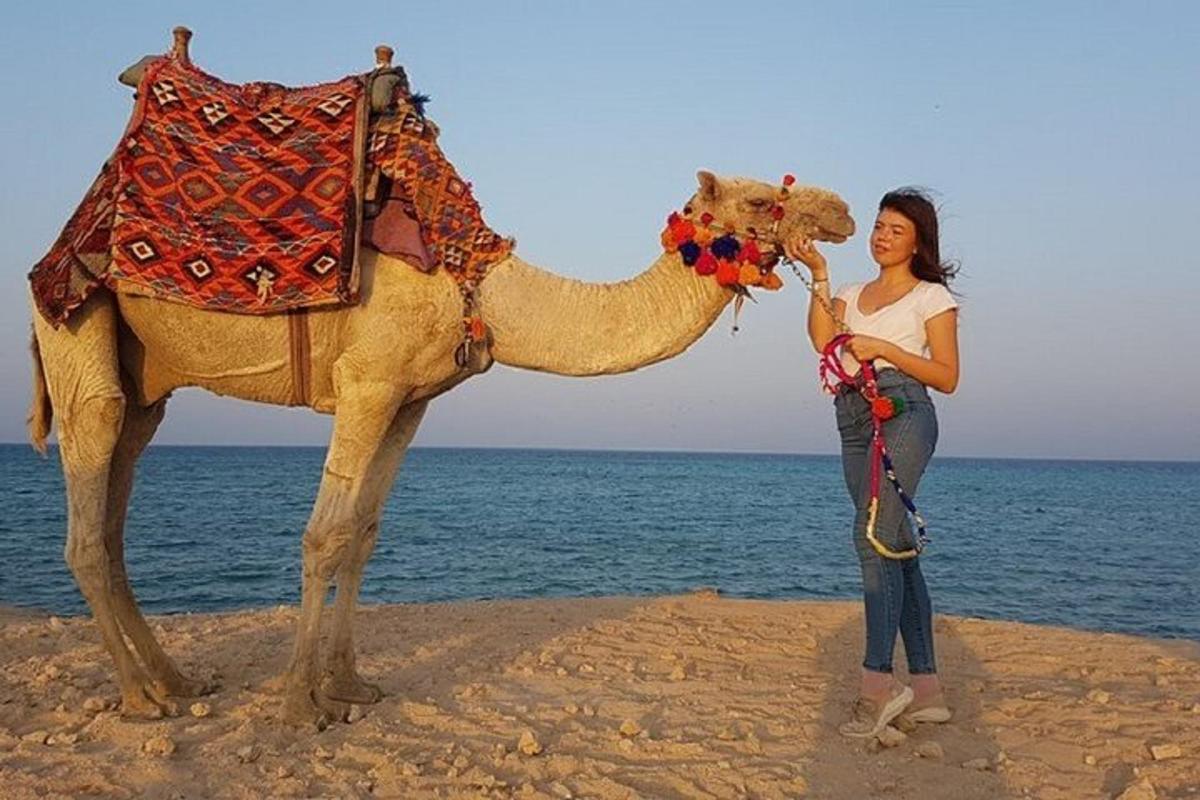 Una mujer parada junto a un camello en la playa