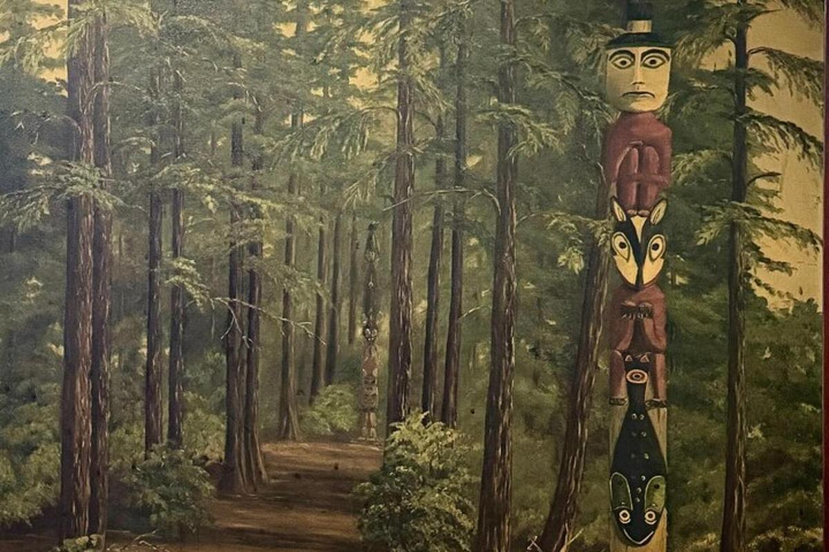 a painting of a forest with two people on a totem pole
