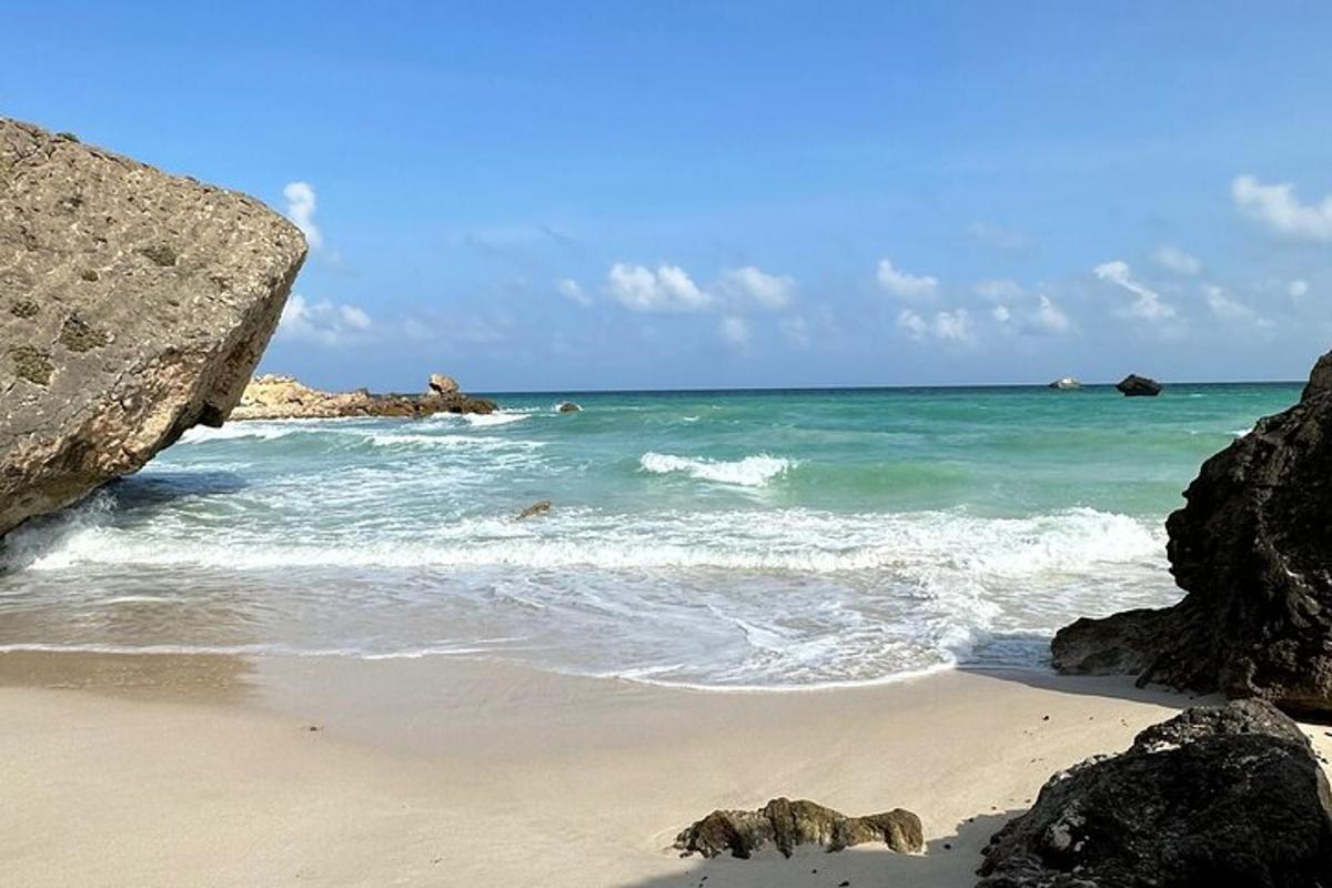 a beach with rocks and the ocean on a sunny day