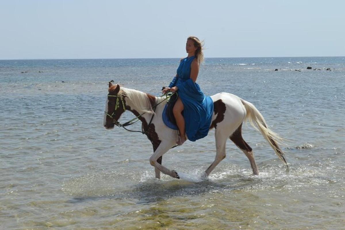 žena jedoucí na koni ve vodě