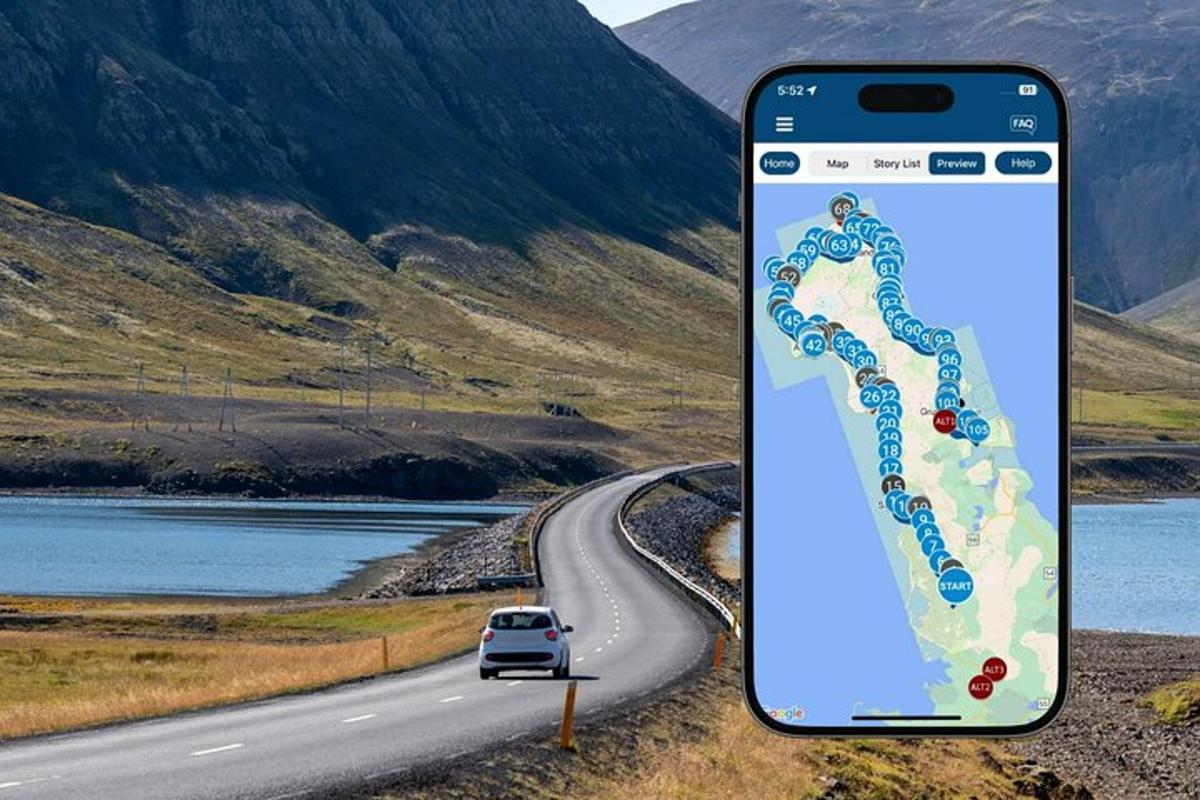 stór farsími með mynd af bíl á vegi