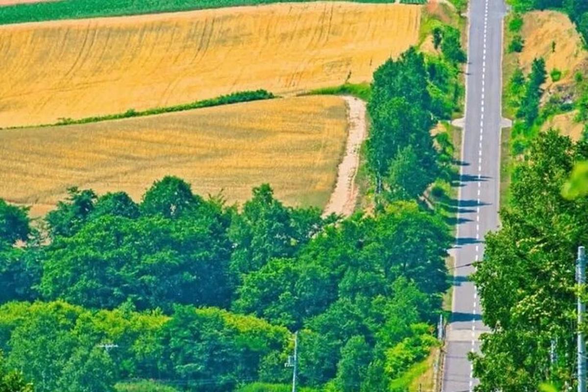 an aerial view of a road next to a field