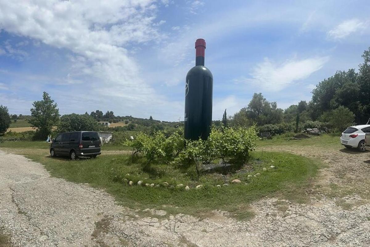 ένα μεγάλο πράσινο μπουκάλι κρασί που κάθεται σε ένα χωράφι