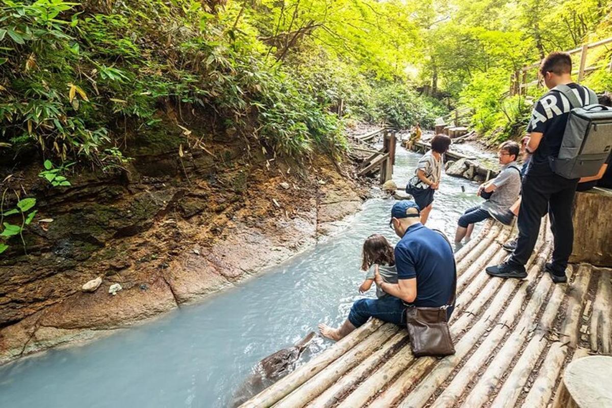 a group of people on a bridge over a river