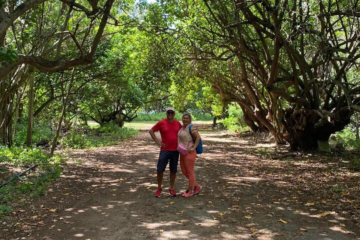 un home i una dona drets en un camí de terra amb arbres