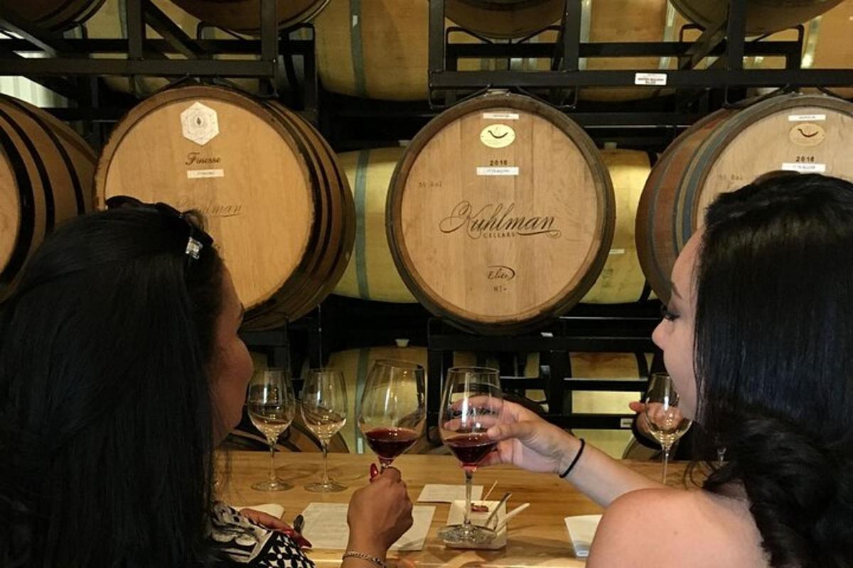 a group of women sitting at a table with wine glasses