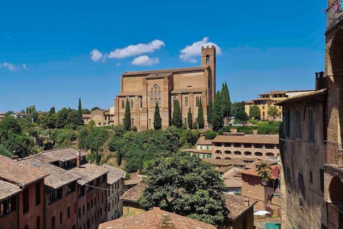 a view of a city with a large building