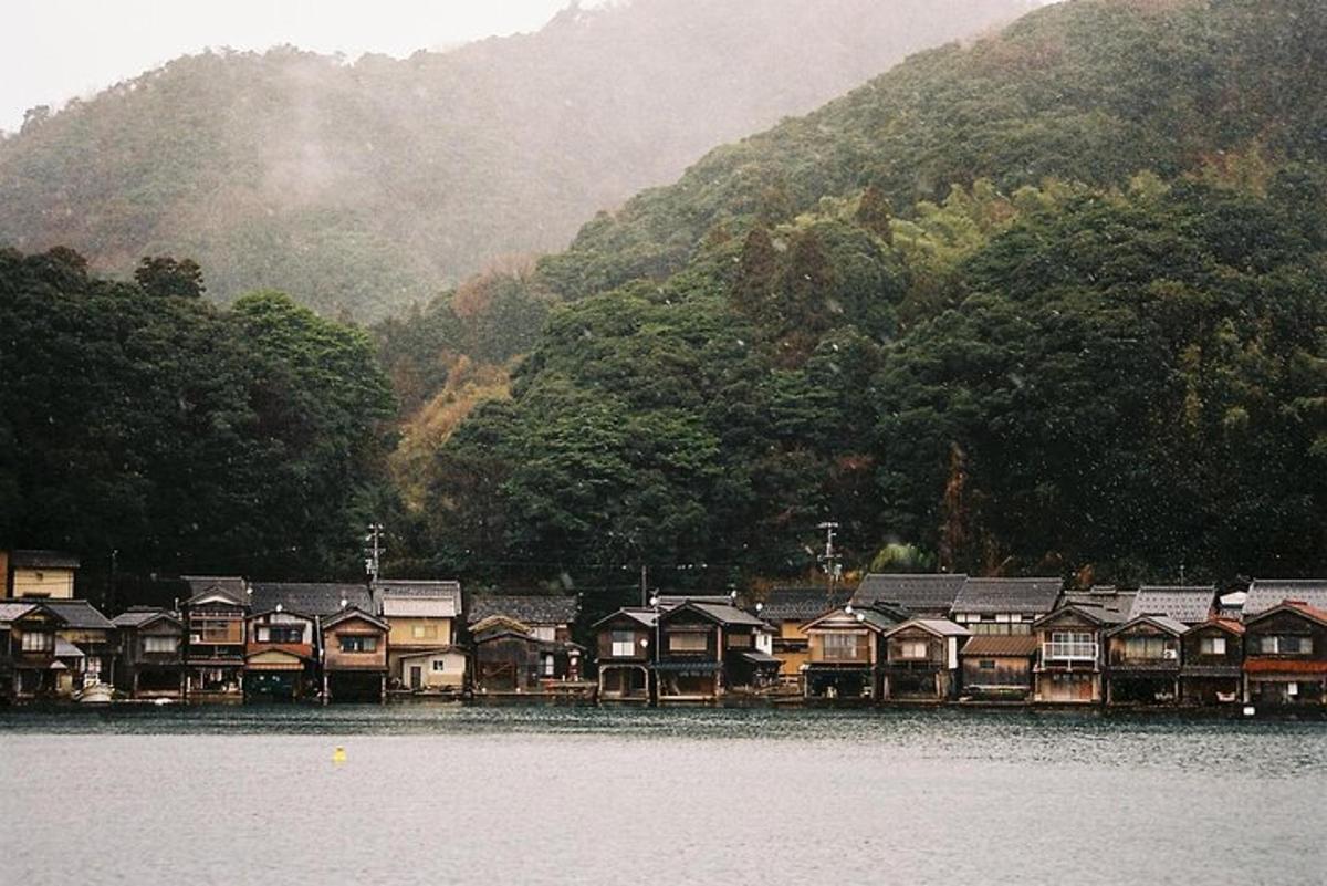 una hilera de casas en la orilla de un cuerpo de agua