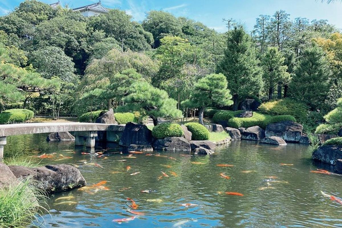 uma ponte sobre um lago em um jardim com carpas