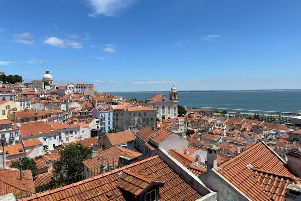 pohled na město s červenými střechami a oceán