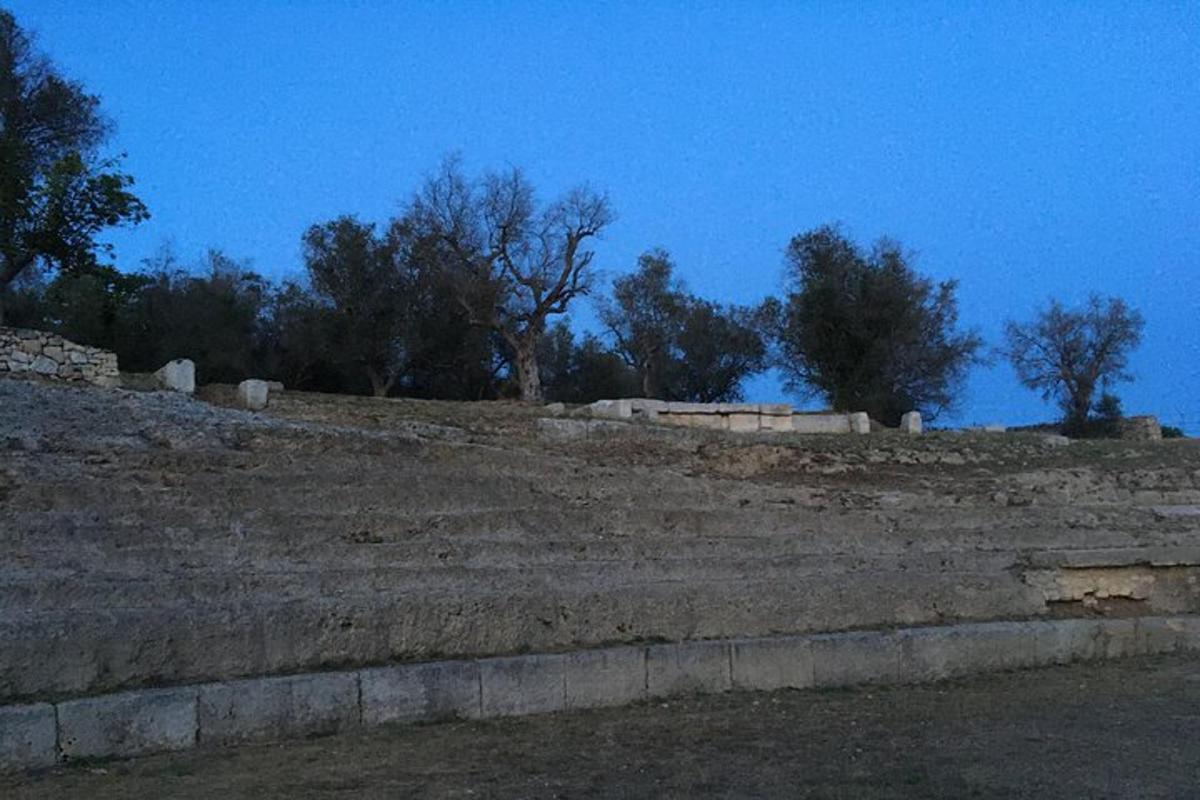 an amphitheater with trees on top of a hill