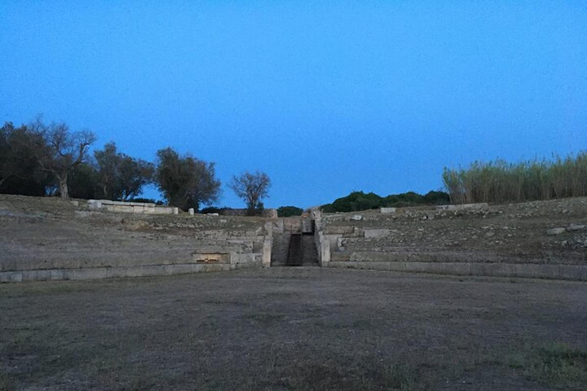 an amphitheater in a field with trees in the background
