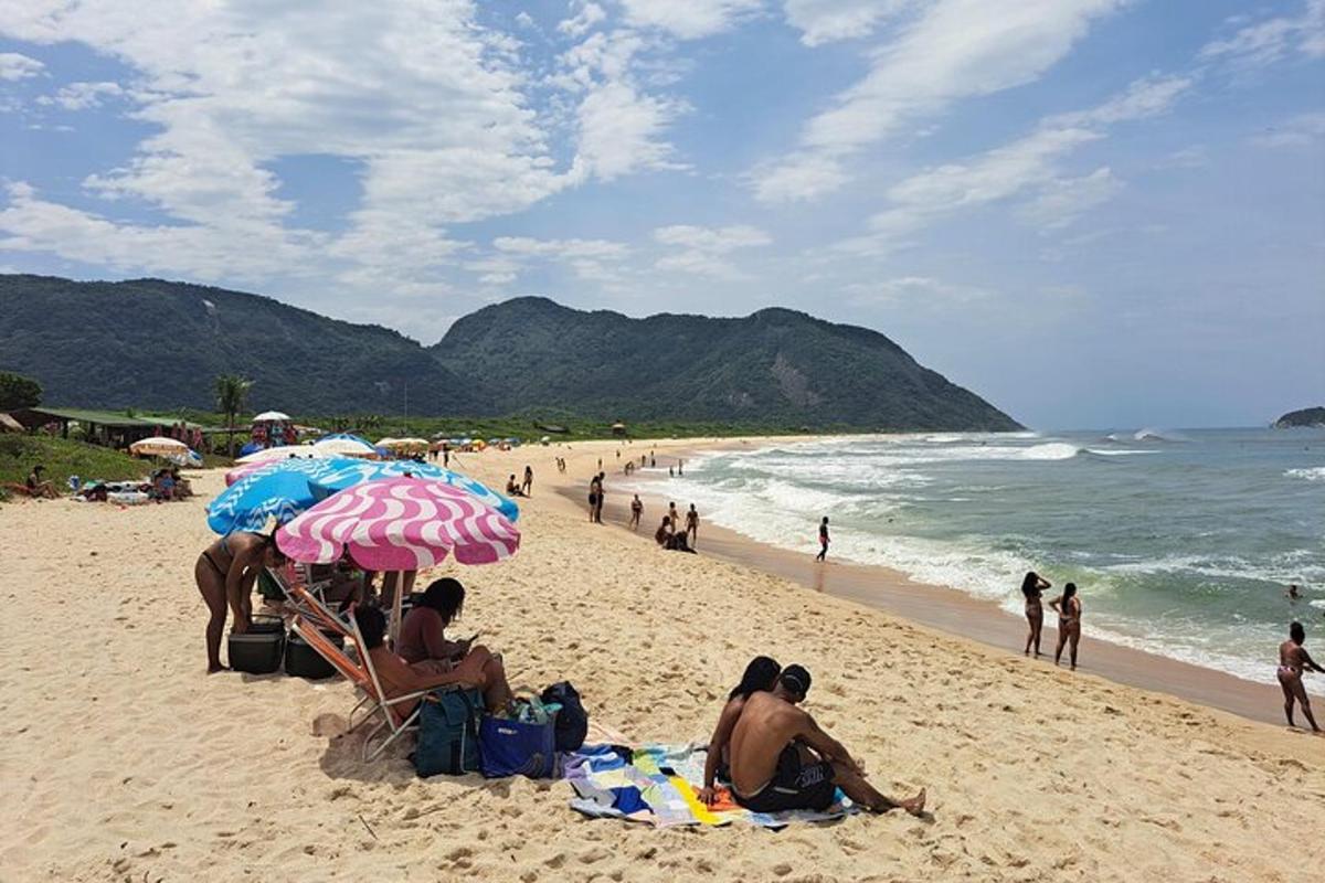 Un grupo de personas sentadas en una playa con sombrillas