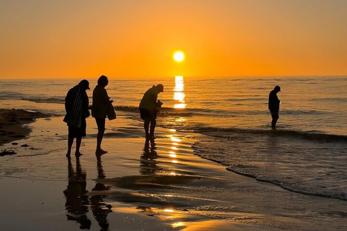 un gruppo di persone in piedi sulla spiaggia al tramonto