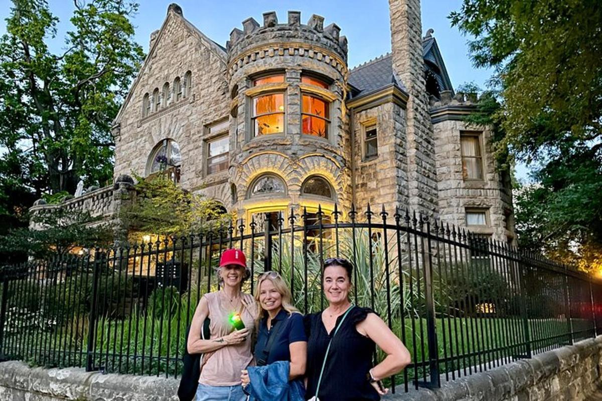 a group of people standing in front of a building