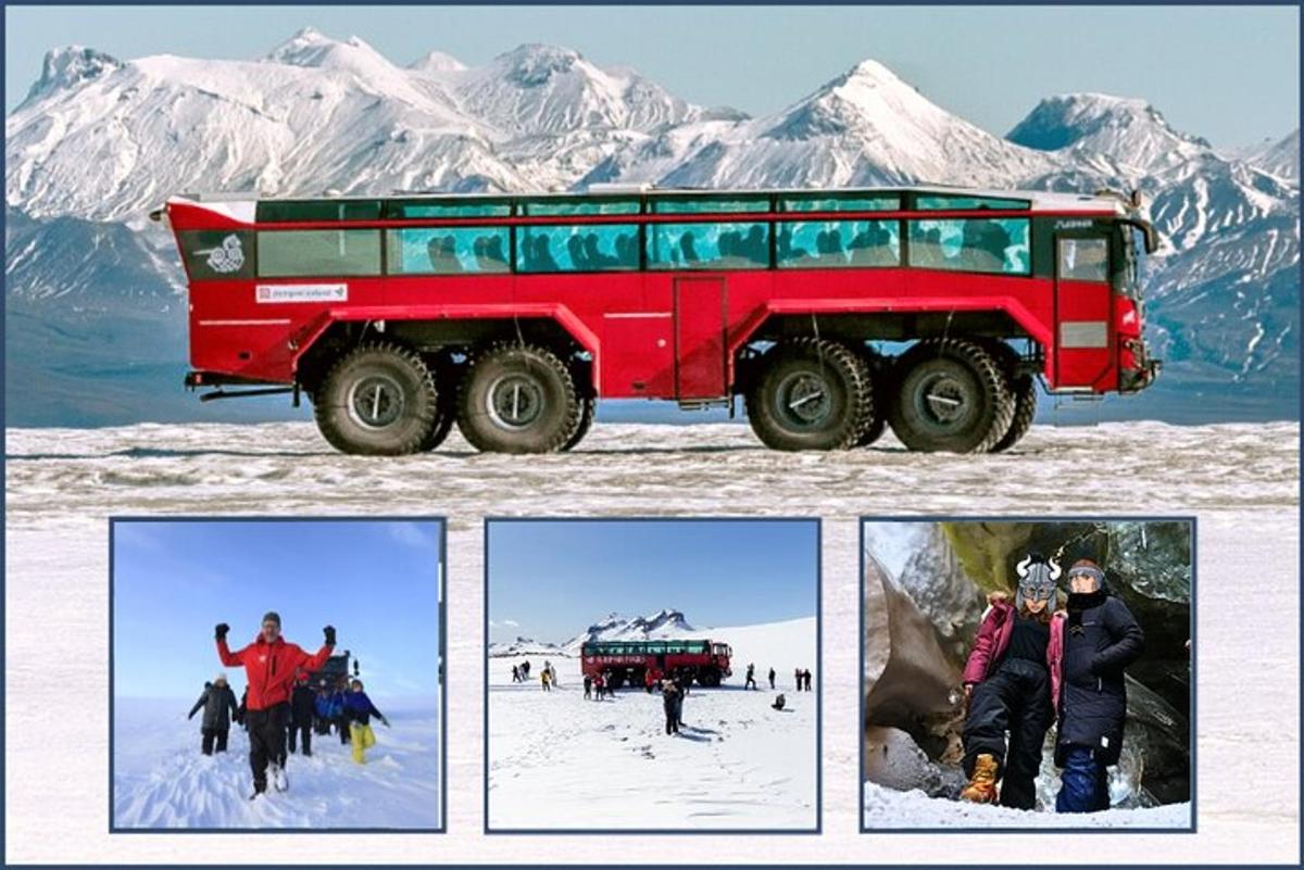eine Collage aus Fotos eines roten Busses im Schnee