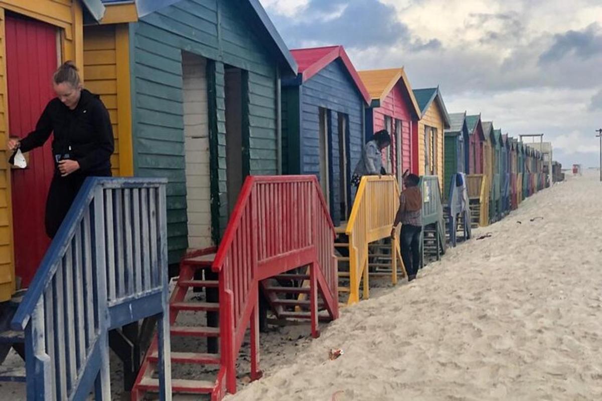 uma fileira de cabanas de praia coloridas na praia