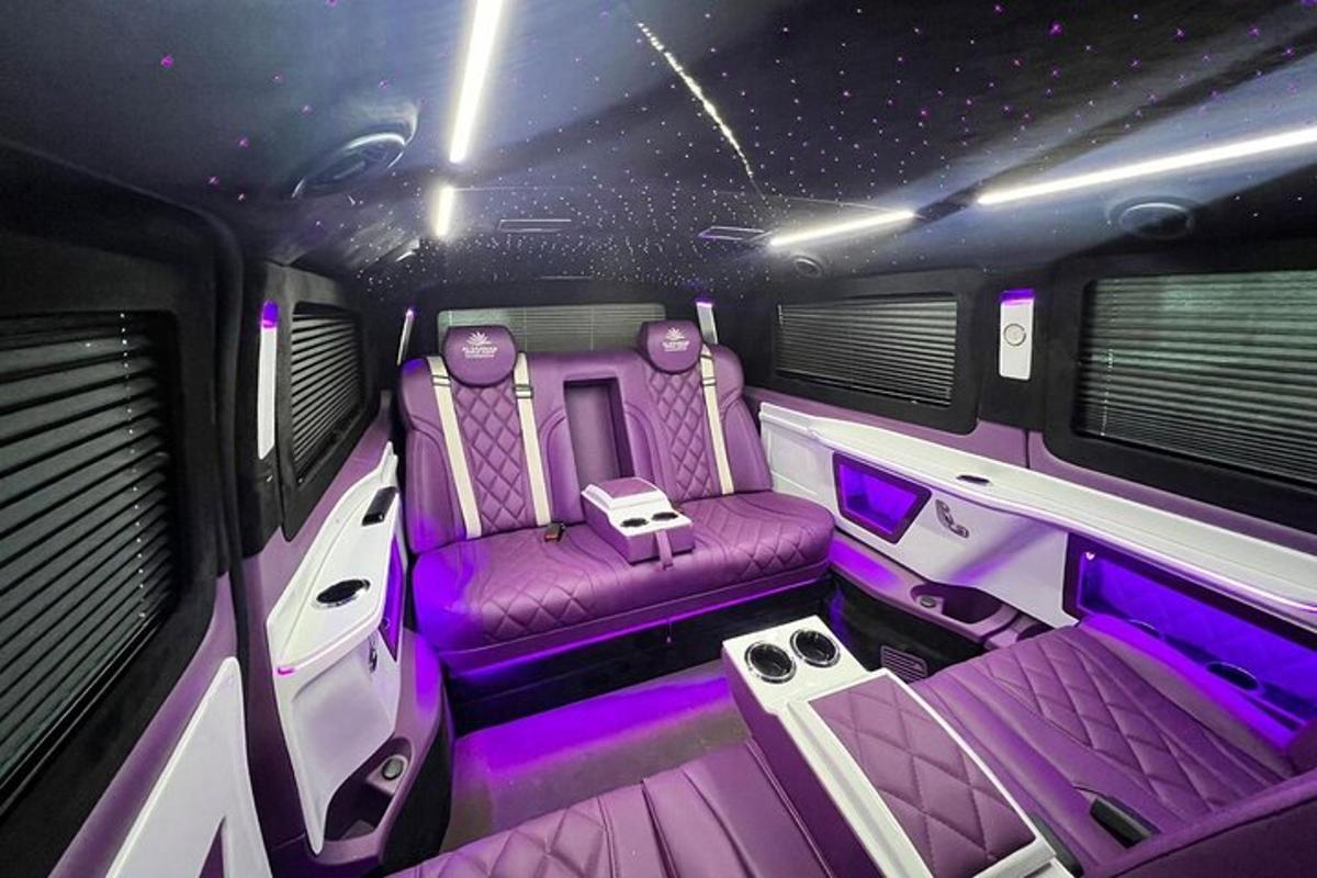 una vista interna di una limousine con sedili viola