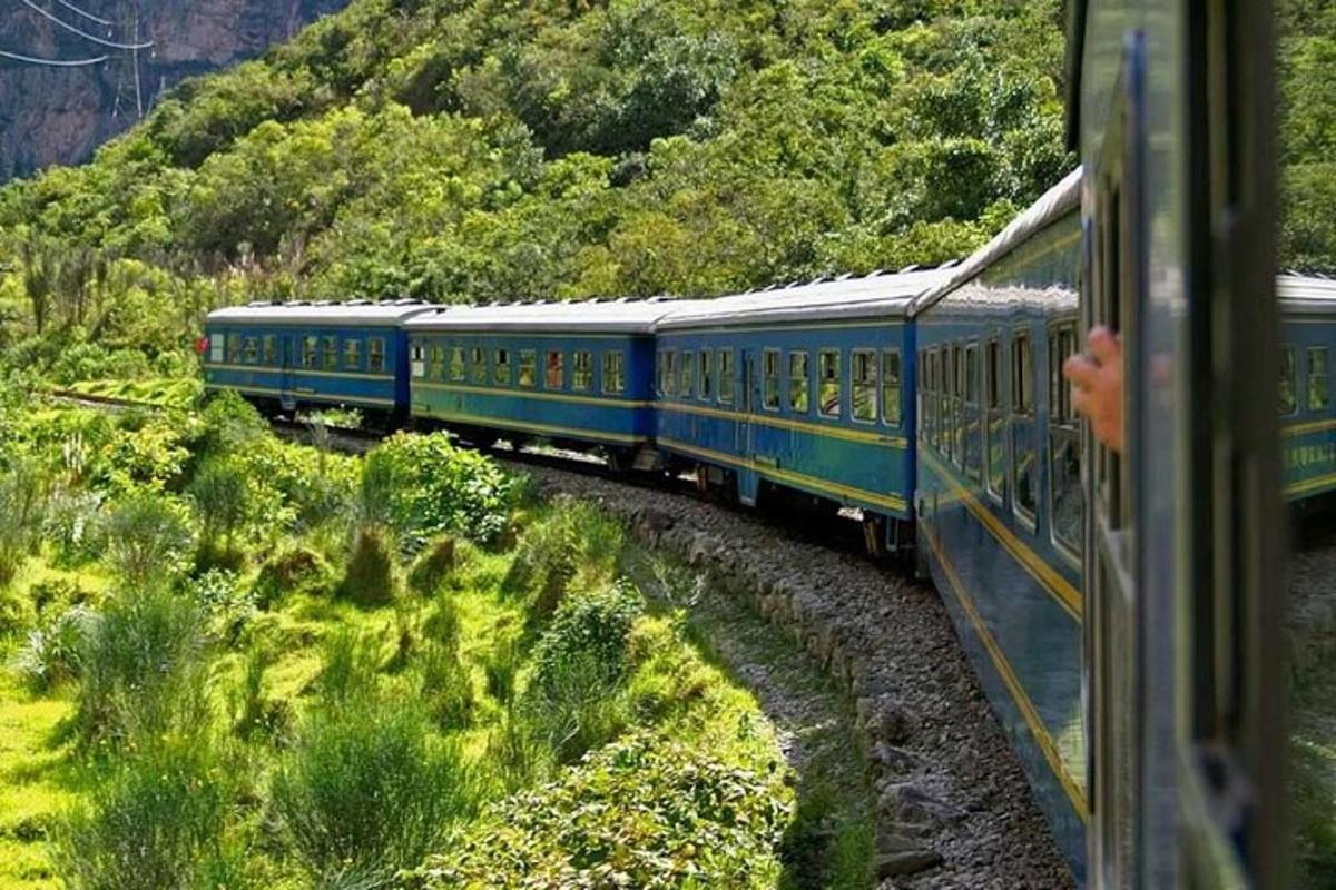 sebuah kereta api biru sedang menyusuri landasan