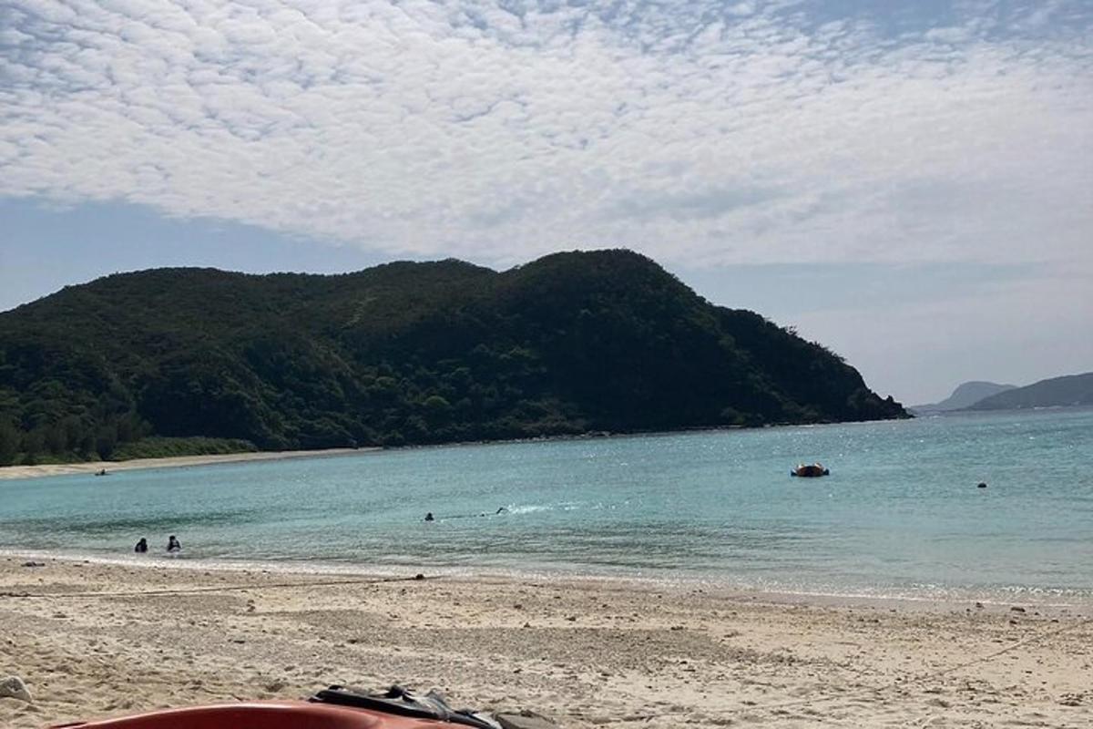 a beach with people in the water and a mountain
