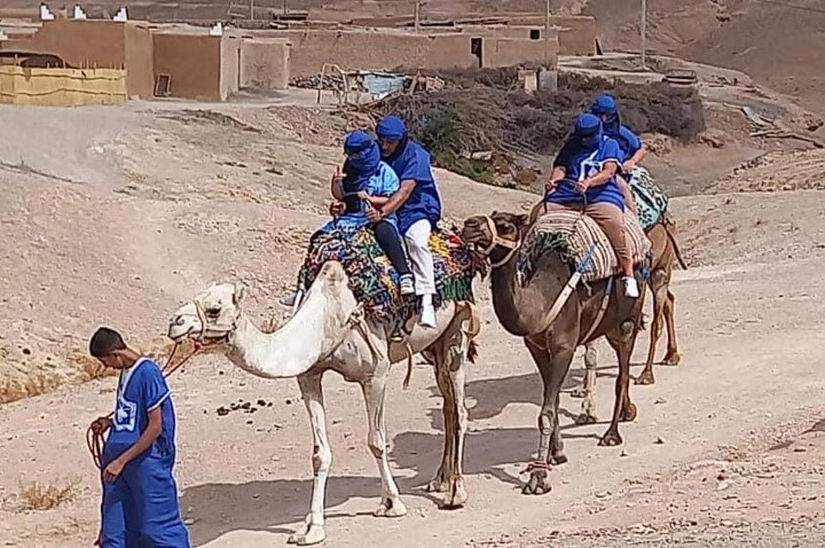 skupina lidí jedoucích na hřbetech velbloudů v poušti