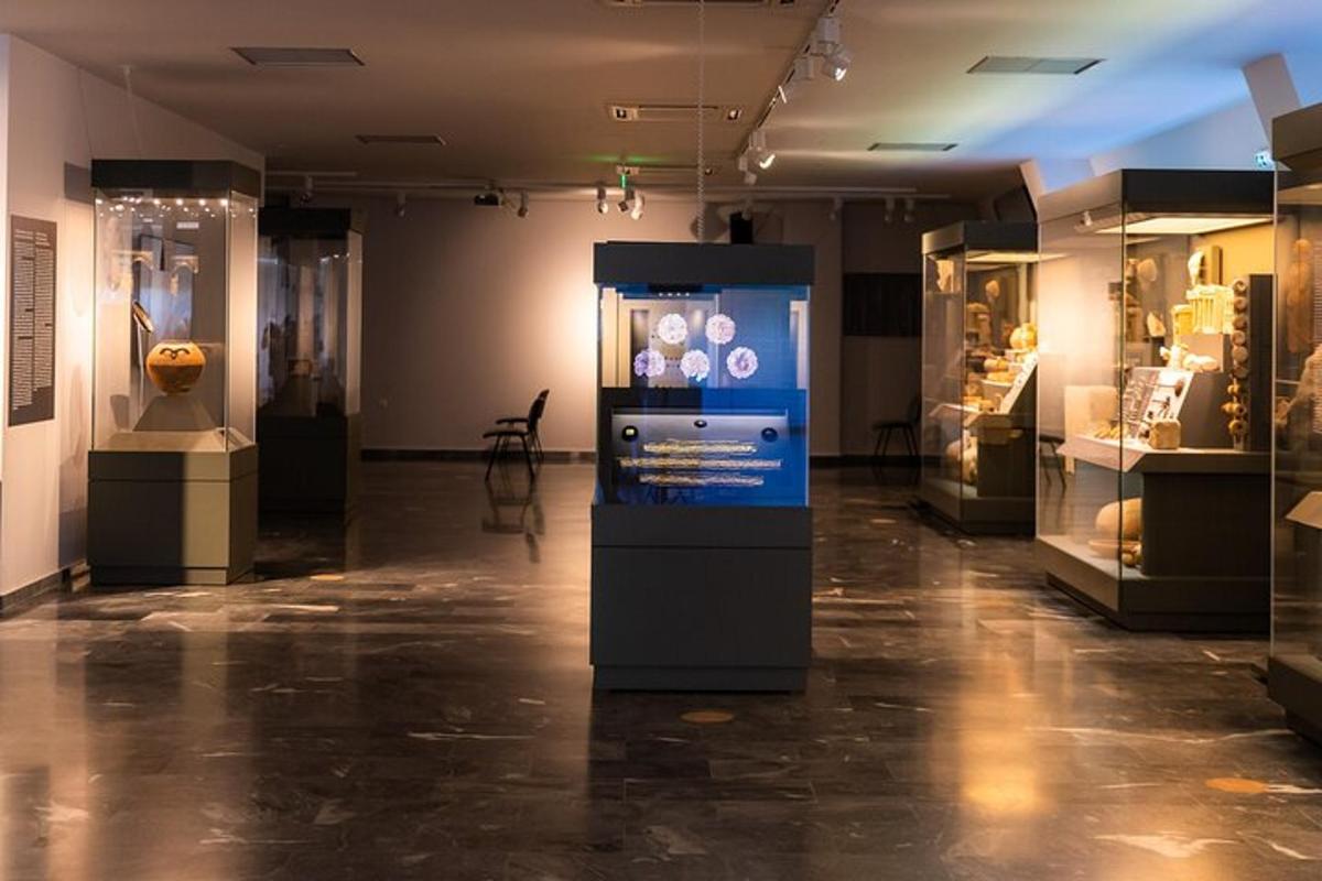 μια αίθουσα μουσείου με έκθεση αντικειμένων