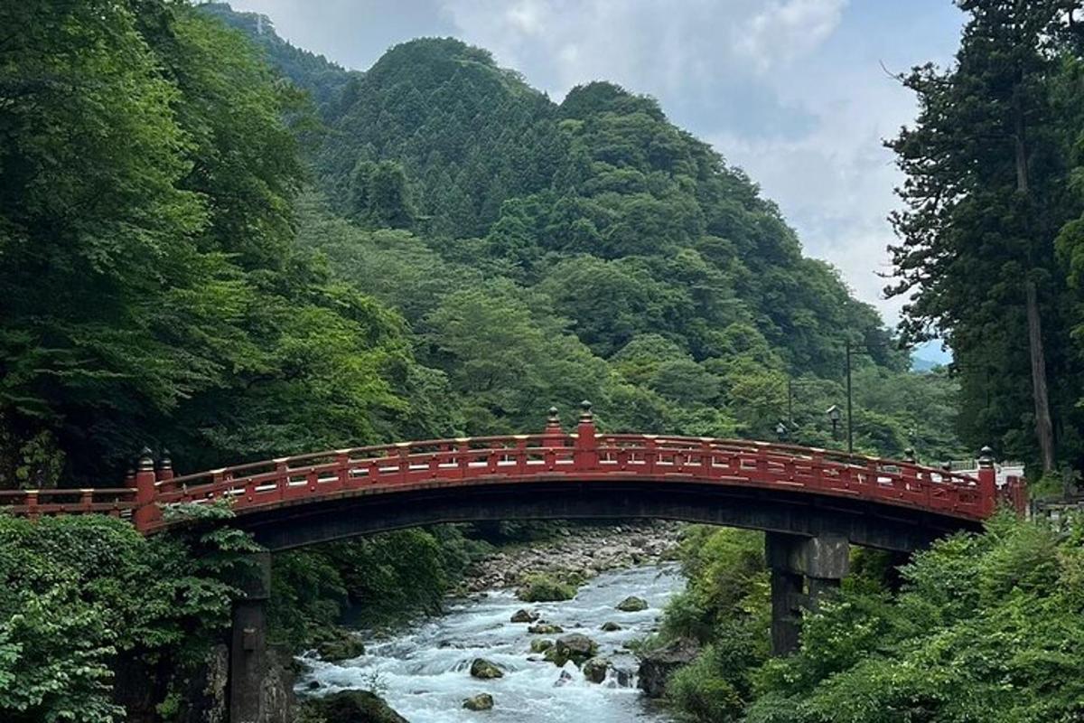 un pont vermell sobre un riu en un bosc