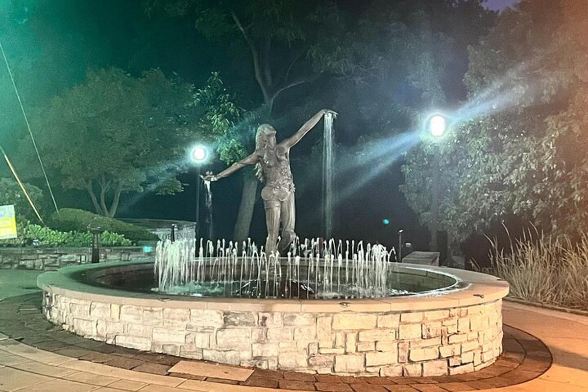 a statue of a woman standing in a fountain at night