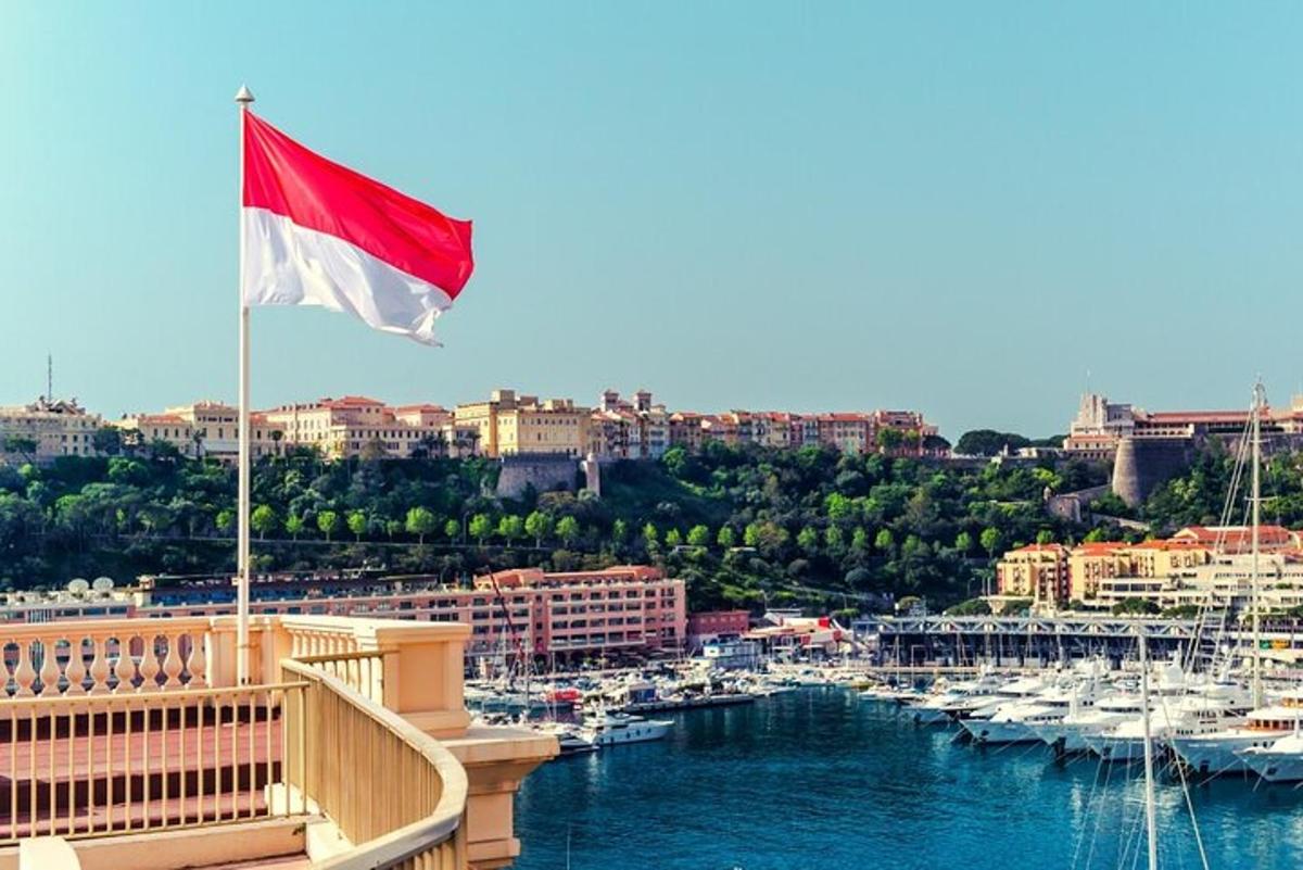 a red and white flag flying over a marina