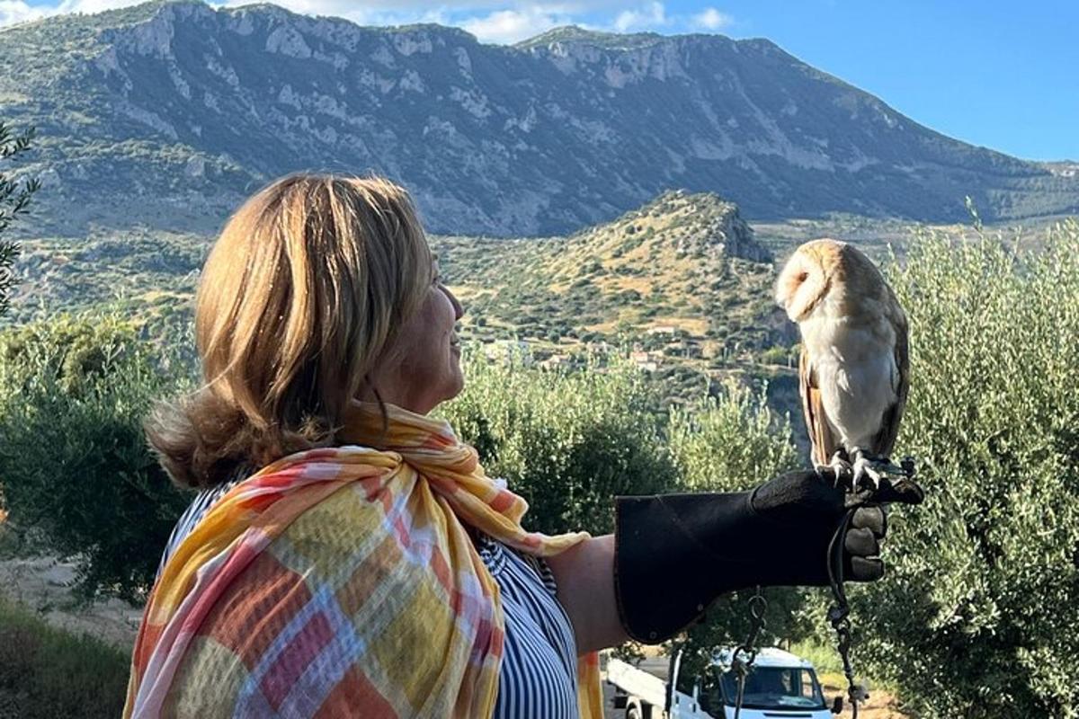 žena drží ptáka na paži