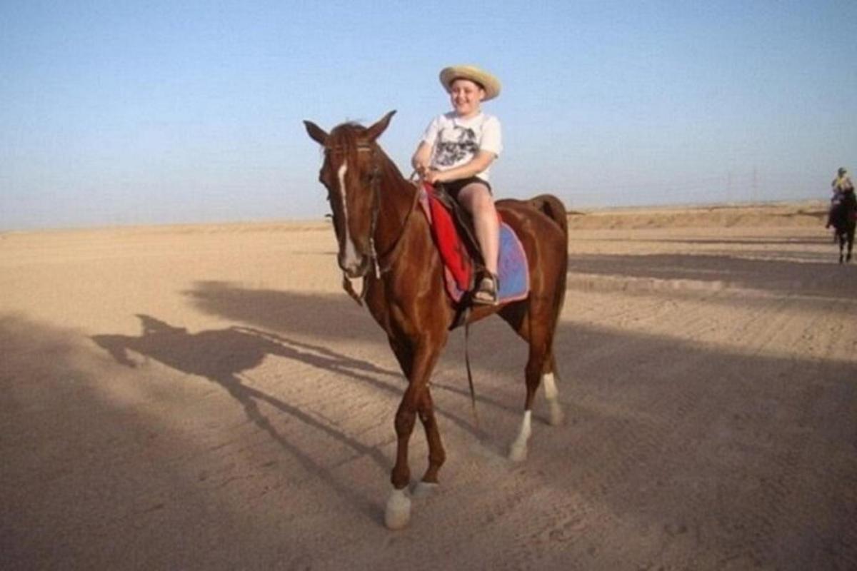 eine Person, die in der Wüste auf einem Pferd reitet