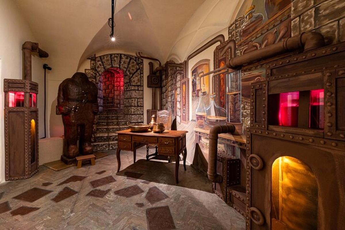 a room with a table and a statue in it