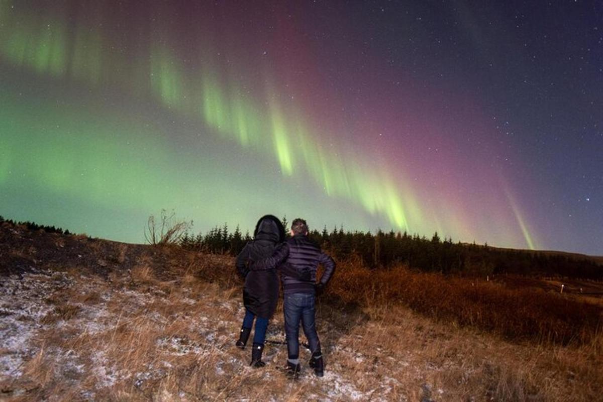 due persone in piedi in un campo sotto l'aurora boreale