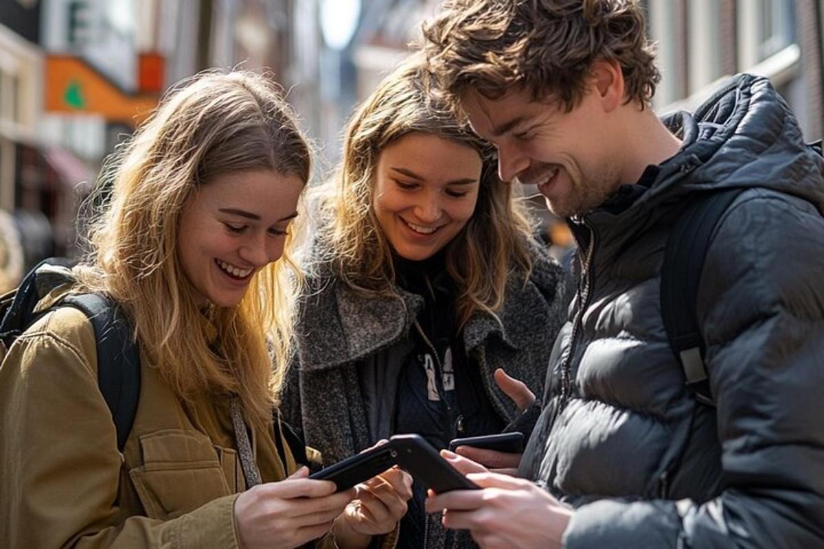 kolmeliikmeline grupp vaatab mobiiltelefoni
