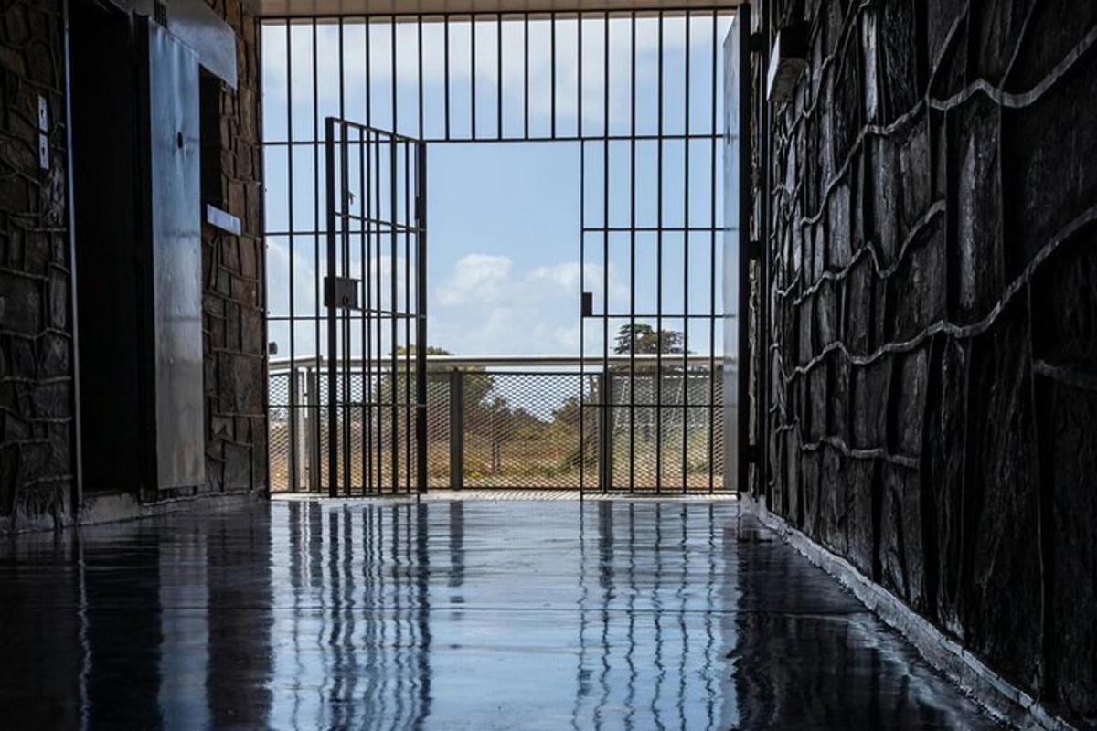 un cancello aperto in un edificio con vista su un campo