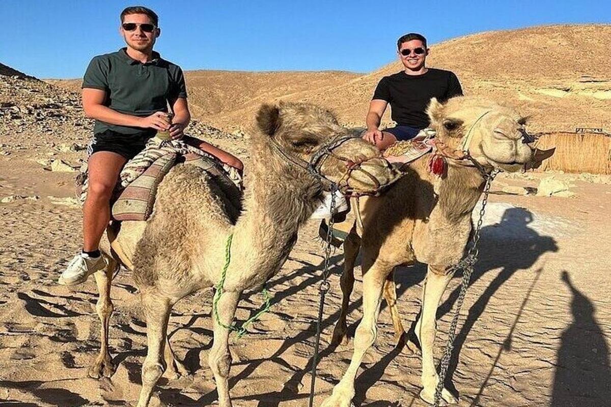 due uomini a cavallo di cammelli nel deserto