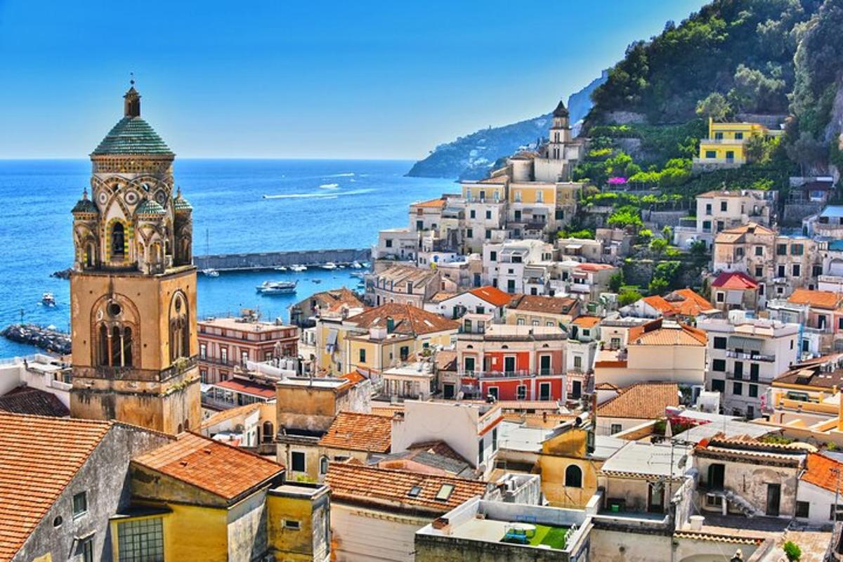 a view of a town with a clock tower