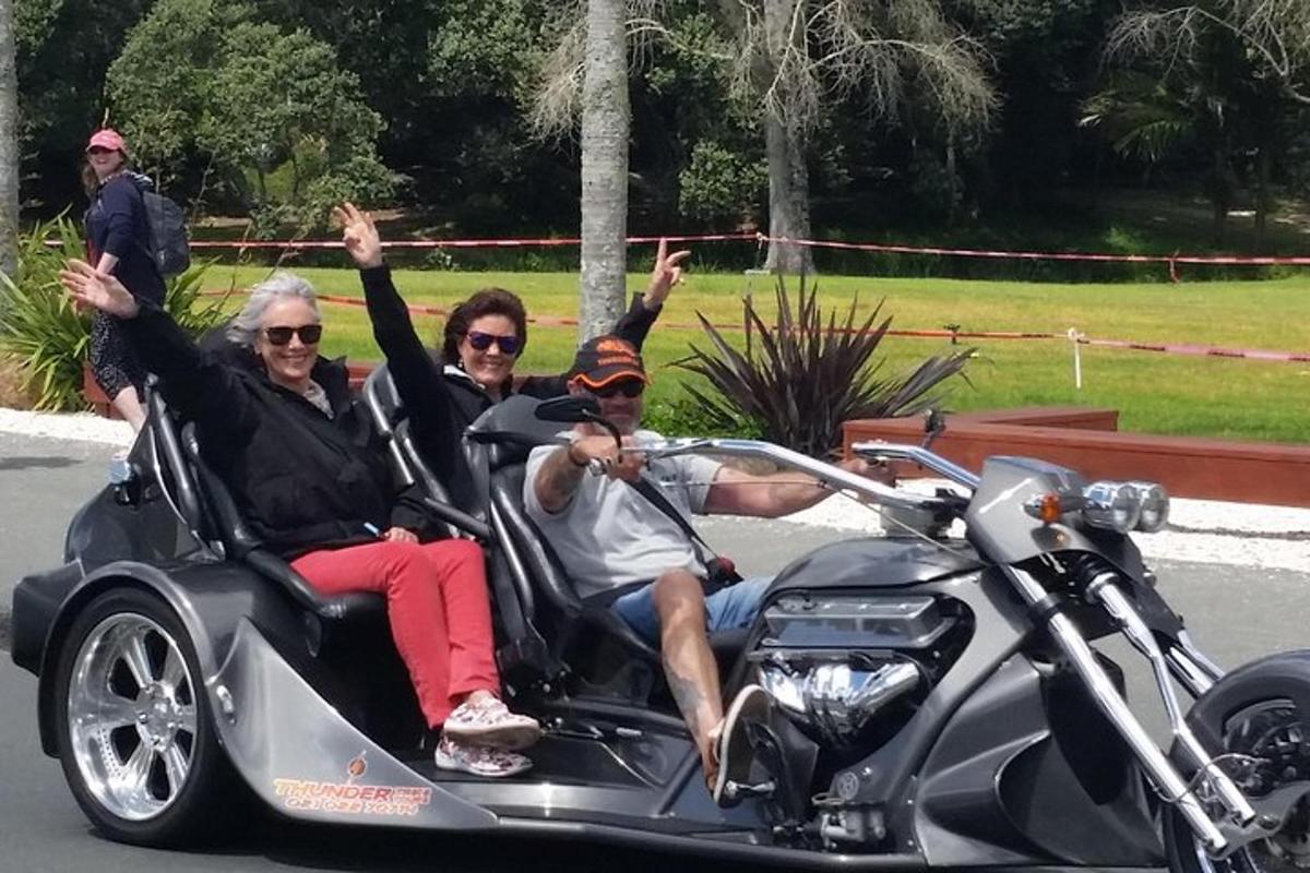 a group of three people riding in a motorcycle cart