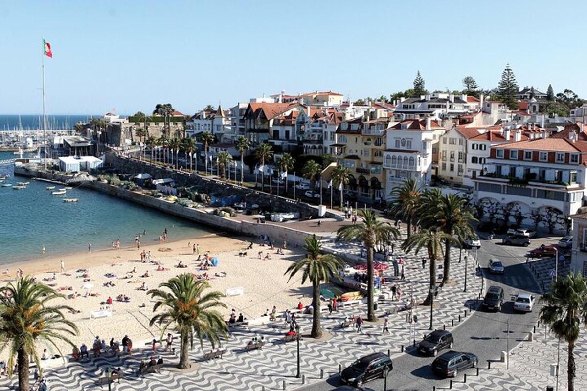 Una playa con gente y palmeras y un puerto.
