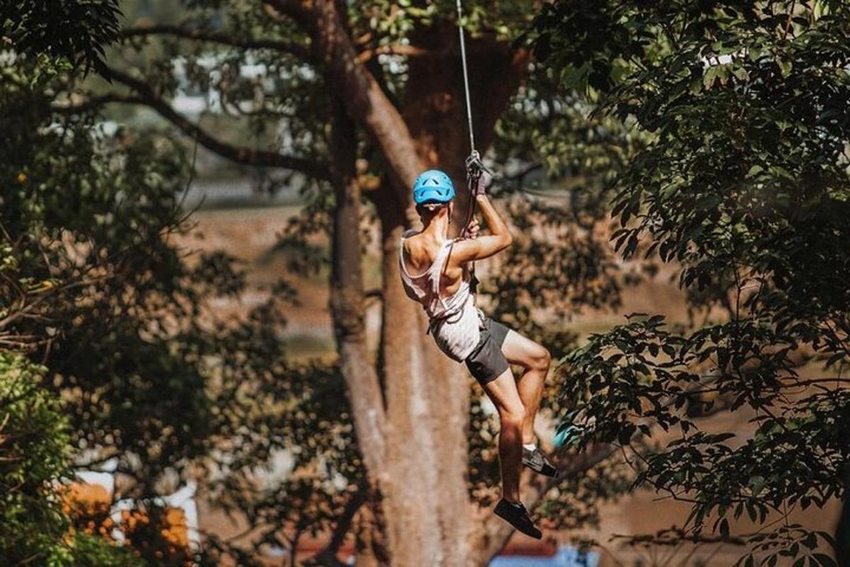 a woman on a zip line hanging from a tree