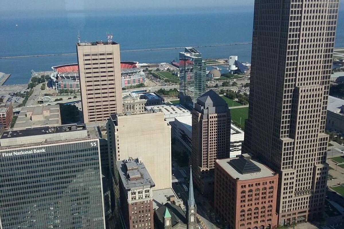 an aerial view of a city with tall buildings