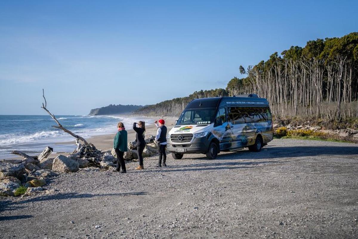 en gruppe mennesker som står ved siden av en varebil på en strand