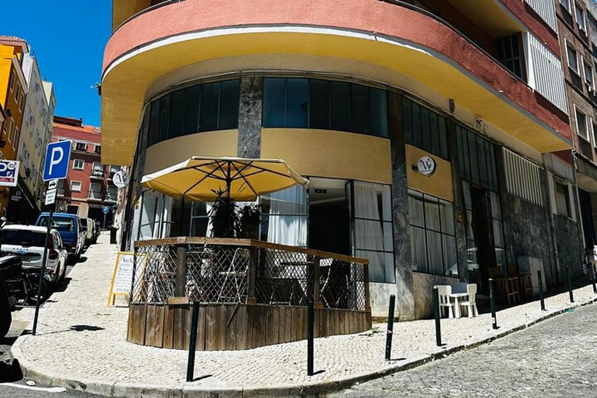 a building with an umbrella in front of it