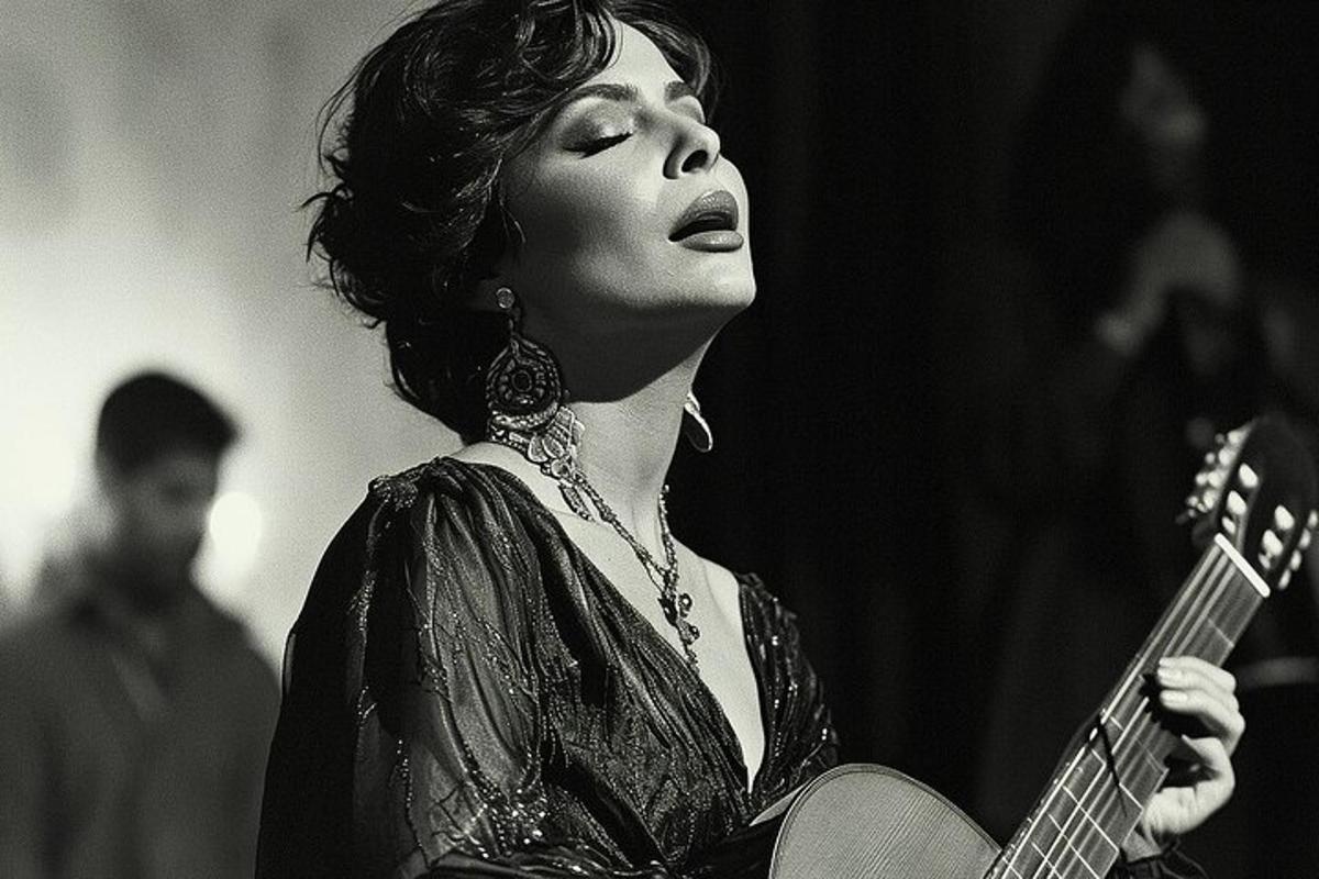 uma mulher está tocando violão em uma sala