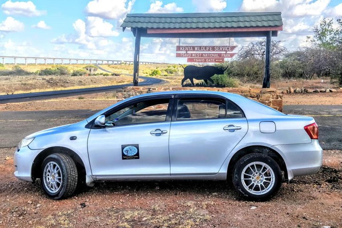 a white car parked in front of a sign with a cow