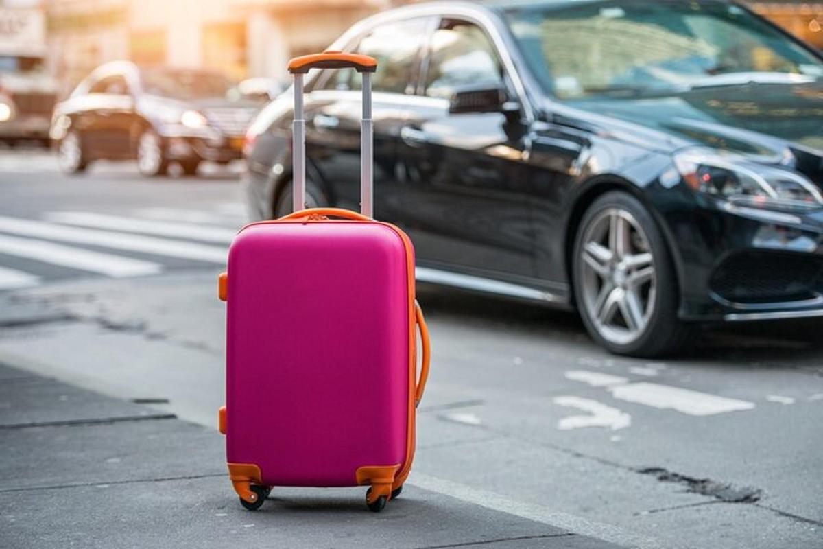 rožinis lagaminas, stovintis gatvėje šalia automobilio