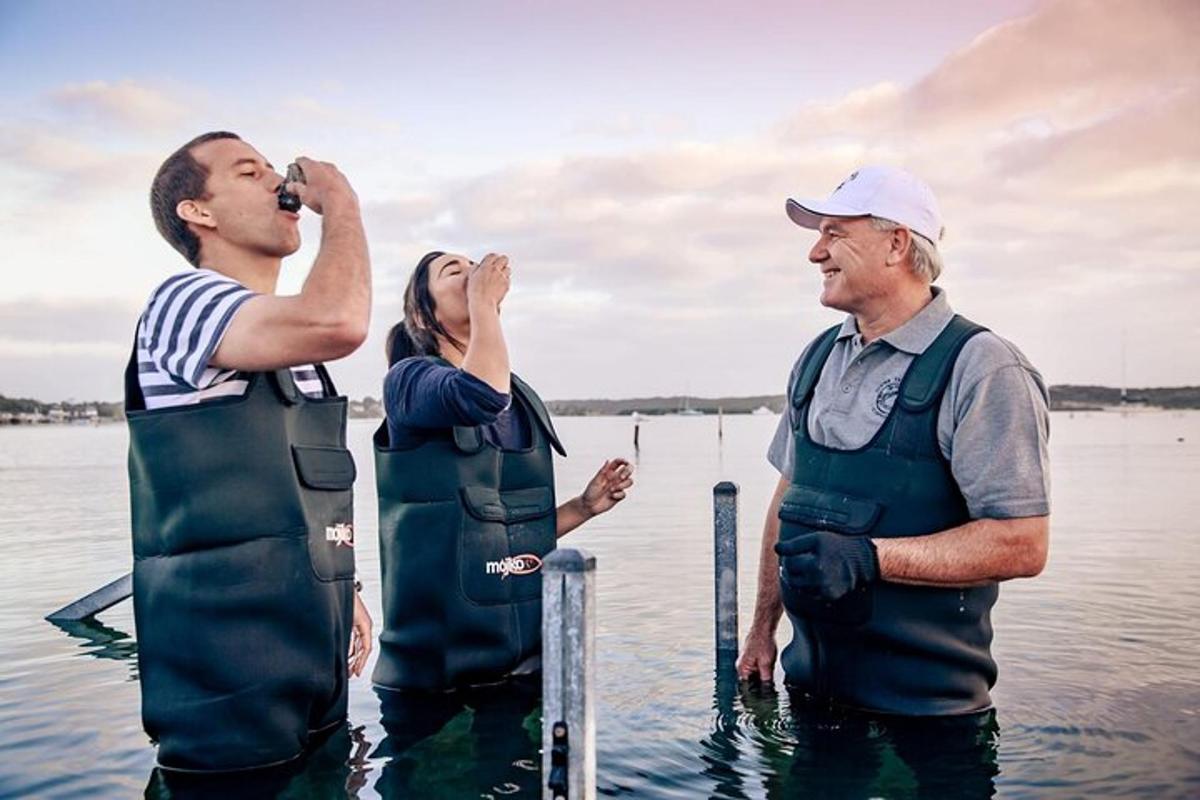 two men and a woman standing in the water