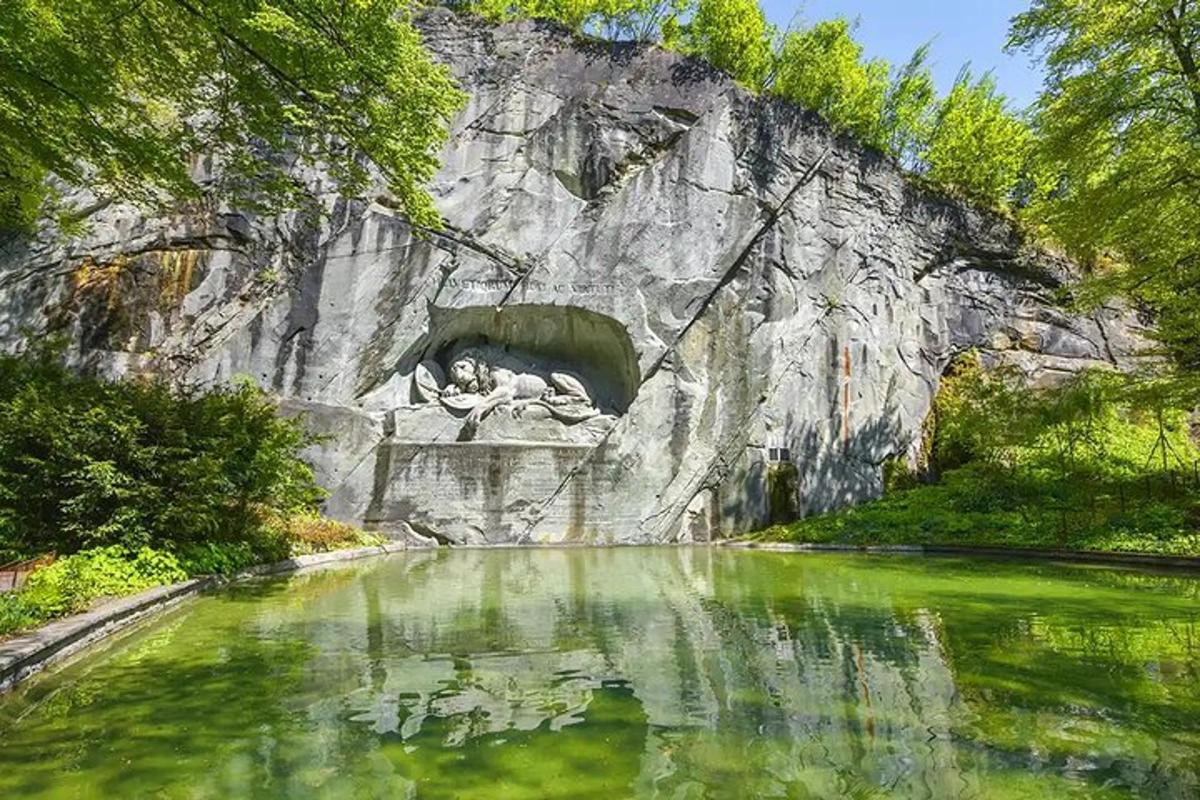 a painting of a river with a statue in front of a mountain