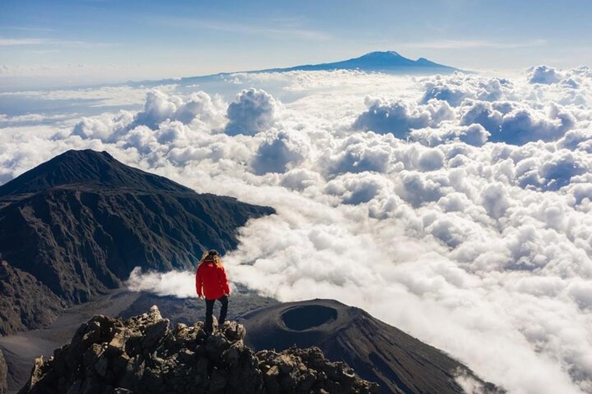 雲の上の山の頂上に立っている人